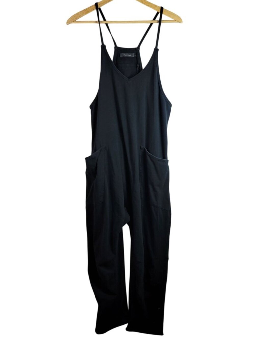 Automet Women Jumpsuit Black Med Scoop Neck Strappy Wide Flare Summer Sleeveless